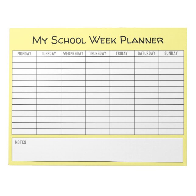 School Week Planning Chart Notepad (Front)