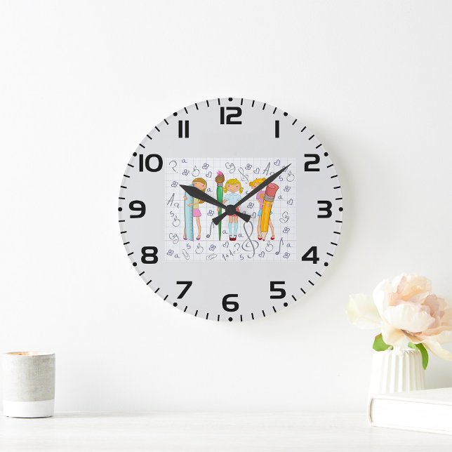 Schoolgirls with Oversized School Stationery  Large Clock (Creator Uploaded)
