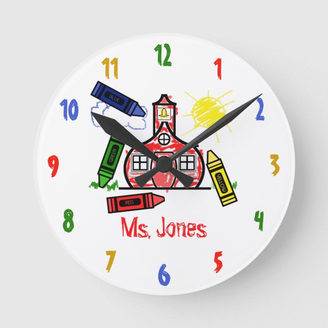 Schoolhouse & Crayons Teacher Clock (Front)