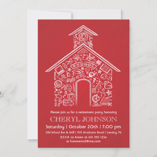 Schoolhouse Teacher Retirement Invitation RED (Front)