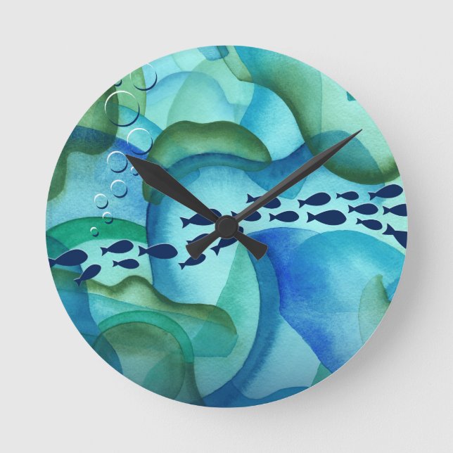Schooling Fish Watercolor Wall Clock (Front)