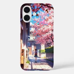 Schoolyard in Spring – Nostalgic Anime Scene iPhone 16 Case