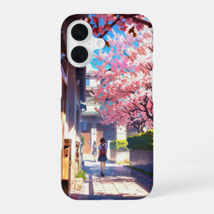 Schoolyard in Spring – Nostalgic Anime Scene iPhone 16 Case