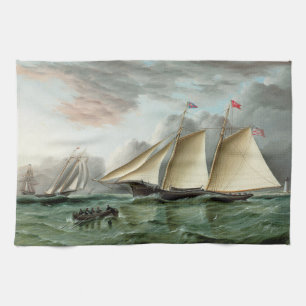 Schooner Mohawk off Sandy Hook Lighthouse Tea Towel