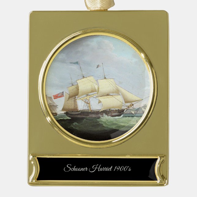 Schooner ship Harriet 1900s Gold Plated Banner Ornament (Front)