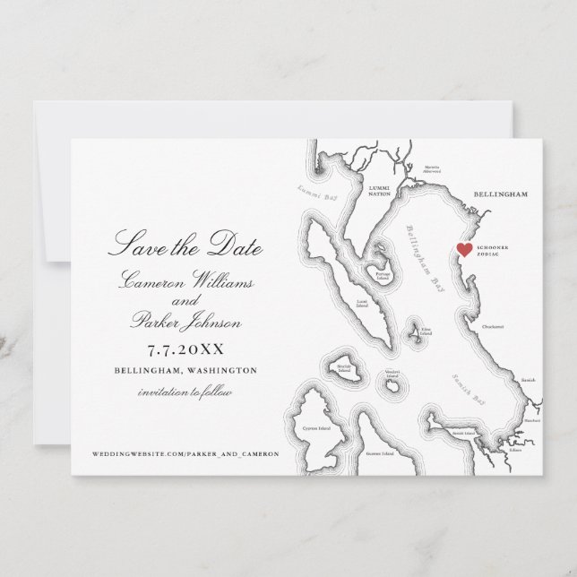Schooner Zodiac Bellingham Bay WA Map Wedding  Save The Date (Front)