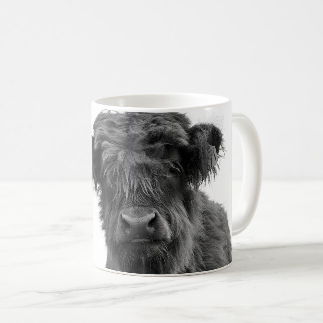 Schottish Highland cow black and white photo mug (Front Right)