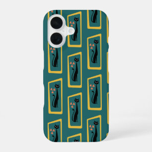 Schrödinger's Cat Mid Century Modern dark blue iPhone 16 Case