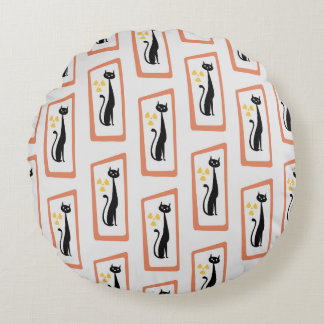 Schrödinger's Cat Mid Century Modern orange Round Cushion