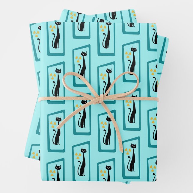 Schrödinger's Cat Mid Century Modern pale blue Wrapping Paper Sheet (In situ)