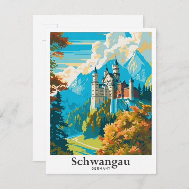 Schwangau Germany Vintage Travel Illustration Postcard (Front/Back)