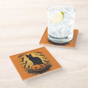 Schwarze Katze auf Halloween-Kürbis Glass Coaster