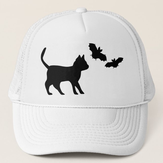 Schwarzer Kater mit Fledermaus Trucker Hat (Front)