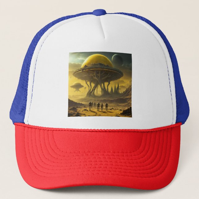 Sci-Fi Alien World View Planet Ufo Tower Trucker Hat (Front)