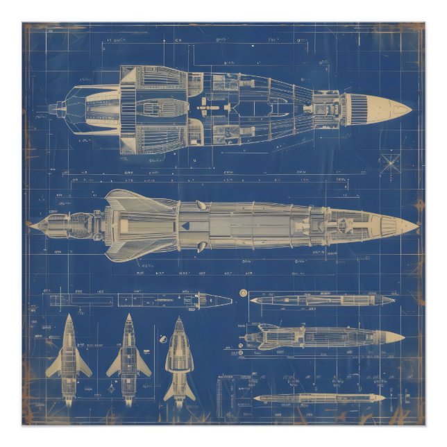 Sci-Fi Blueprint Rocket Photo Print (Front)