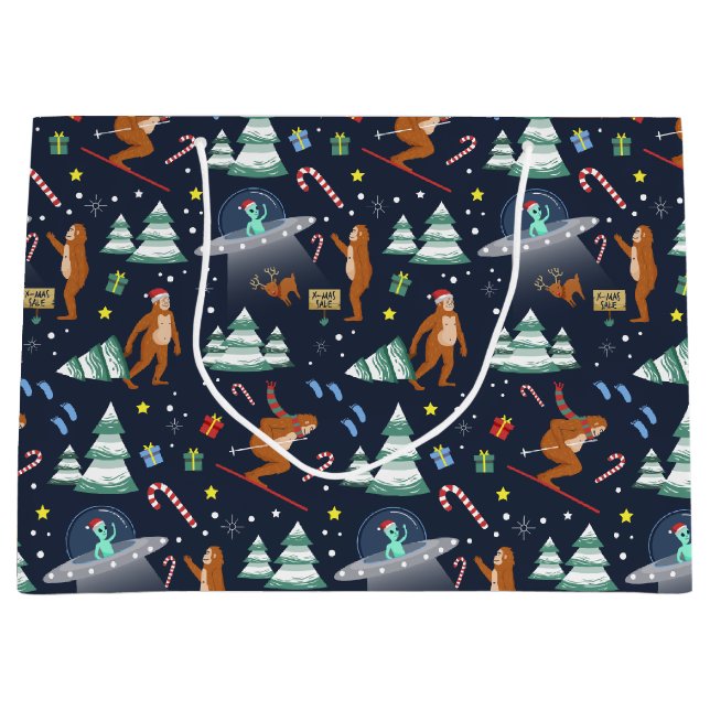 Sci-Fi Christmas | Big Foot, Aliens, & Reindeer Large Gift Bag (Front)