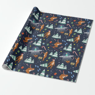 Sci-Fi Christmas   Big Foot, Aliens, & Reindeer Wrapping Paper