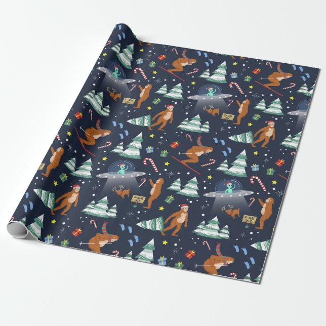 Sci-Fi Christmas | Big Foot, Aliens, & Reindeer Wrapping Paper (Unrolled)