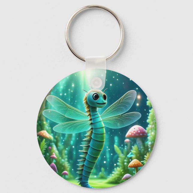 Sci-Fi fantasy art with dragonfly and mushroom art Key Ring (Back)