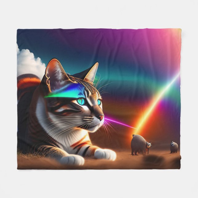 Sci-fi Futuristic Cat with Rainbow Colours, Cat Fleece Blanket (Front (Horizontal))