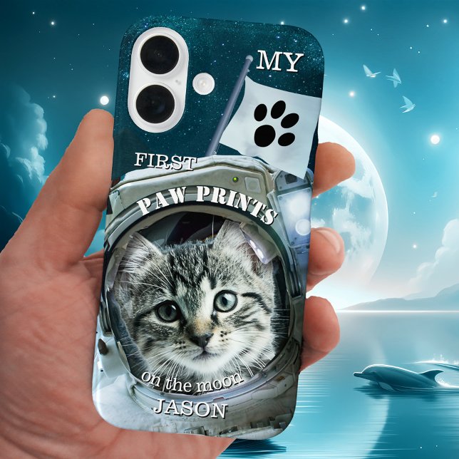 Sci-fi Moon Funny Astronaut Cat Phone Case (Funny sci-fi fantasy phone case featuring a cute kitten waving her paw prints from the moon.)