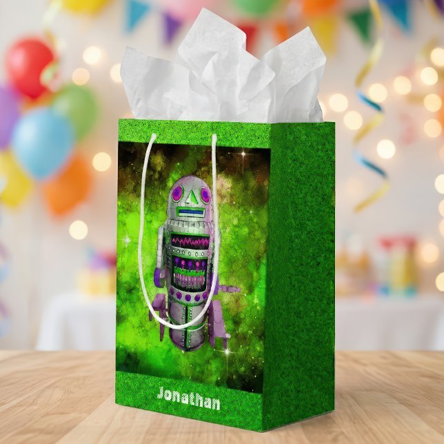 Sci fi retro toy robot green galaxy custom name medium gift bag (Creator Uploaded)
