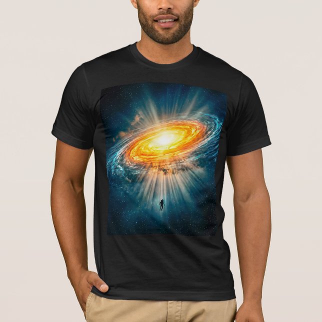 Sci-Fi Space Golden Galaxy Astronaut Glowing Art T-Shirt (Front)