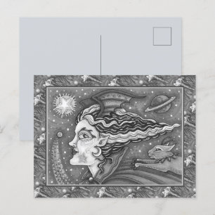 SCI FI SPACE WITCH & COMET CAT BLK/WHITE HALLOWEEN HOLIDAY POSTCARD