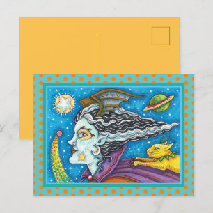 SCI FI SPACE WITCH & COMET CAT COLORFUL HALLOWEEN HOLIDAY POSTCARD
