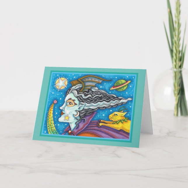 SCI FI SPACE WITCH & COMET CAT HALLOWEEN Blank Card (Front)