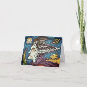 SCI FI SPACE WITCH & COMET CAT HALLOWEEN Blank Card
