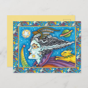 SCI FI SPACE WITCH & COMET CAT HUMOROUS HALLOWEEN HOLIDAY POSTCARD
