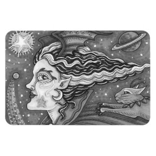SCI FI SPACE WITCH & COMET CAT HUMOROUS HALLOWEEN MAGNET