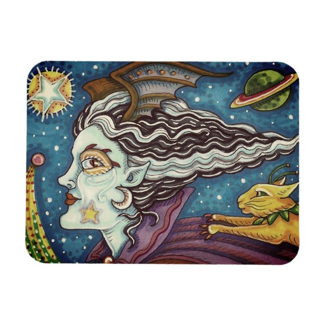 SCI FI SPACE WITCH & COMET CAT HUMOROUS HALLOWEEN MAGNET (Horizontal)