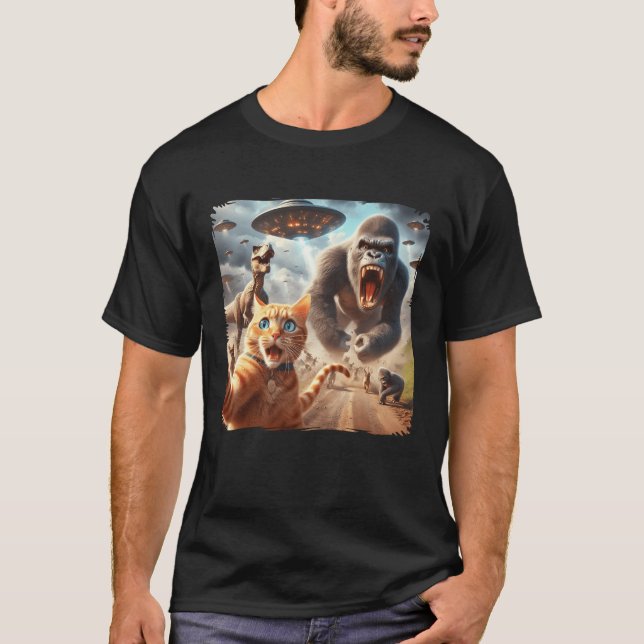 Sci-Fi Surprised Scared Cat Selfie Dinosaur Bigfoo T-Shirt (Front)