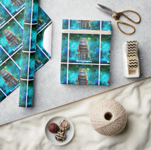 Sci fi toy robot blue galaxy retro custom name wrapping paper