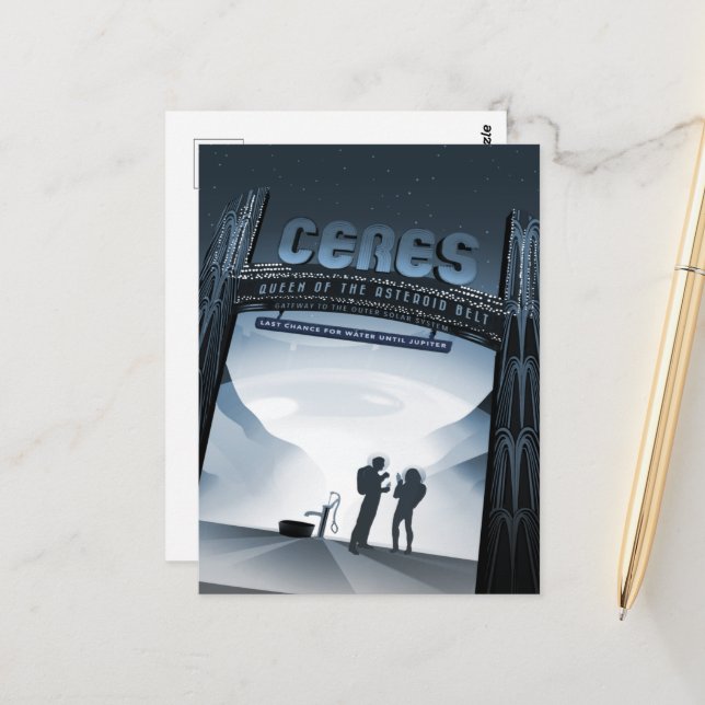 Sci-Fi Travel Ad, Dwarf Planet Ceres Postcard (Front/Back In Situ)
