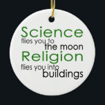 Science and religion ceramic tree decoration<br><div class="desc">religion flies you into buildings</div>