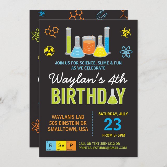 Science Birthday Party Invitation in Blue (Front/Back)