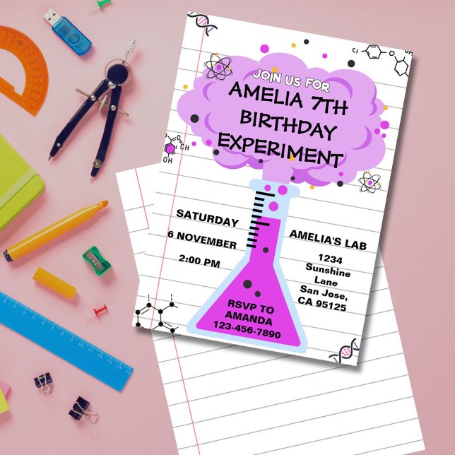 Science Experiment Birthday Invitation (Fun science lab birthday invitation with colorful test tube and beakers for little scientists.)