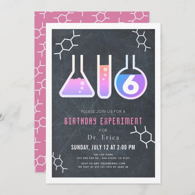 Science Experiment Black Chalkboard Girl Birthday Invitation (Front/Back)