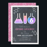 Science Experiment Black Chalkboard Girl Birthday Invitation<br><div class="desc">This cool  "birthday experiment" science birthday party invitation for girls features a chalkboard/blackboard background with flasks,  and a test tube framed by a white border. The reverse side features a pink background with molecule patterns. Personalise for your needs. You can find matching products at my store.</div>