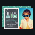 Science Experiment Black Chalkboard Photo Birthday Invitation<br><div class="desc">This cool  "birthday experiment" science birthday party photo invitation features a chalkboard /  blackboard background with flasks,  and a test tube framed by a white border. The reverse side features a teal background with molecule patterns. Personalise for your needs. You can find matching products at my store.</div>