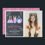 Science Experiment Chalkboard Girl Photo Birthday Invitation<br><div class="desc">This cool  "birthday experiment" science birthday party photo invitation for girls features a chalkboard/blackboard background with flasks,  and a test tube framed by a white border. The reverse side features a pink background with molecule patterns. Personalise for your needs. You can find matching products at my store.</div>