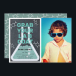 Science Experiment Flask Chalkboard Photo Birthday Invitation<br><div class="desc">This cool  "grab your lab coat" science birthday experiment party photo invitation features a chalkboard /  blackboard background with a flask framed by a white border. The reverse side features a teal background with molecule patterns. Personalise for your needs. You can find matching products at my store.</div>