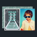 Science Experiment Flask Chalkboard Photo Birthday Invitation<br><div class="desc">This cool  "grab your lab coat" science birthday experiment party photo invitation features a chalkboard /  blackboard background with a flask framed by a white border. The reverse side features a teal background with molecule patterns. Personalise for your needs. You can find matching products at my store.</div>