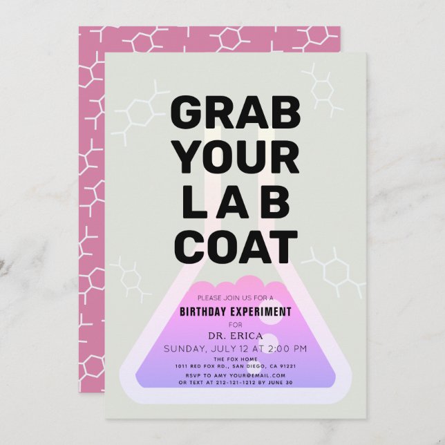 Science Experiment Flask Neon Pink Girl Birthday Invitation (Front/Back)