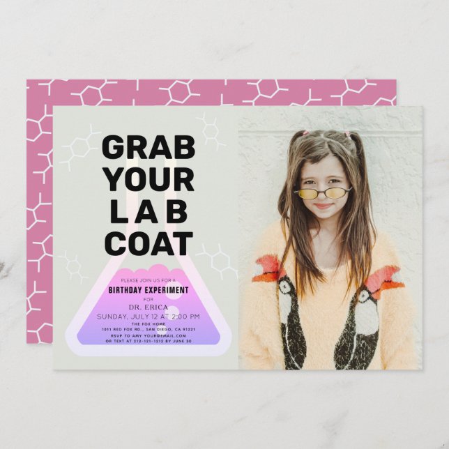 Science Experiment Flask Pink Girl Photo Birthday Invitation (Front/Back)