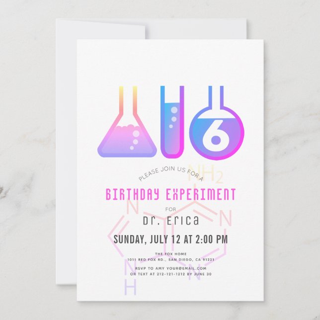 Science Experiment Neon Pink Adenine Girl Birthday Invitation (Front)