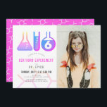 Science Experiment Neon Pink Girl Photo Birthday Invitation<br><div class="desc">This cool  "birthday experiment" girl's science birthday party photo invitation features a white background with flasks,  and a test tube. The reverse side features a neon pink background with molecule patterns. Personalise for your needs. You can find matching products at my store.</div>